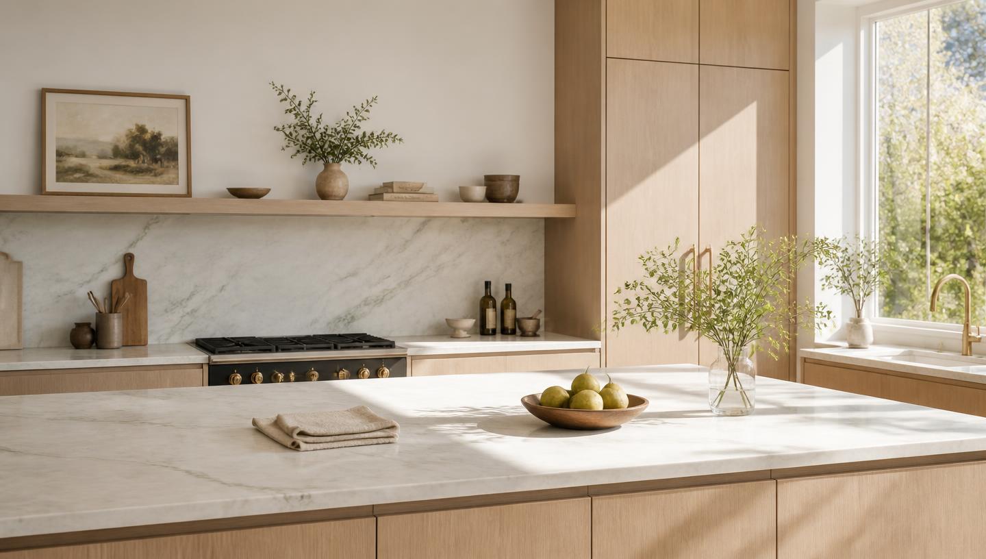 Sunlit minimalist kitchen with spotless marble counters